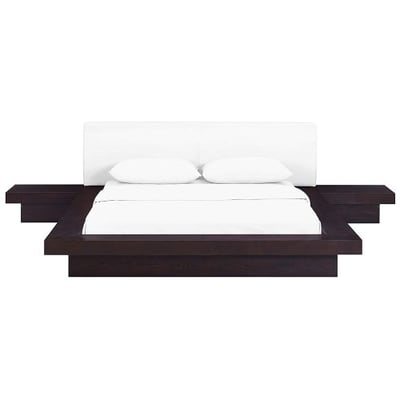 Modway Freja Upholstered Cappuccino White Faux Leather Modern Platform Bed with Wood Slat Support and Two Nightstands in Queen