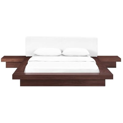 Modway Freja Upholstered Walnut White Faux Leather Modern Platform Bed with Wood Slat Support and Two Nightstands in Queen