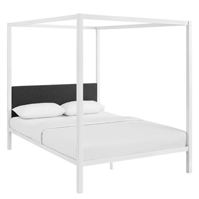 Modway MOD-5570-WHI-GRY Raina Metal Queen Canopy Bed Frame with Upholstered Gray Fabric Headboard, White