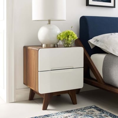 Modway Origin Contemporary Mid-Century Modern 2-Drawer Bedroom Nightstand in Walnut White
