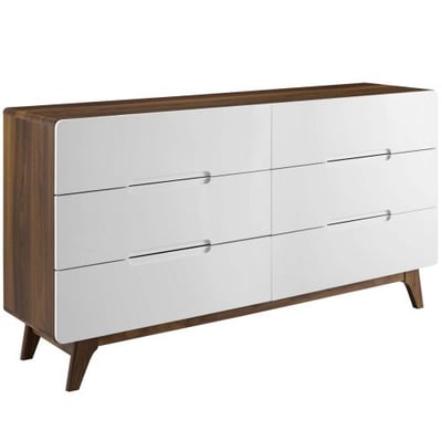 Modway Origin Contemporary Mid-Century Modern 6-Drawer Bedroom Dresser in Walnut White
