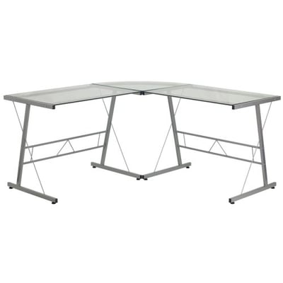 Glass L-Shape Computer Desk with Silver Metal Frame