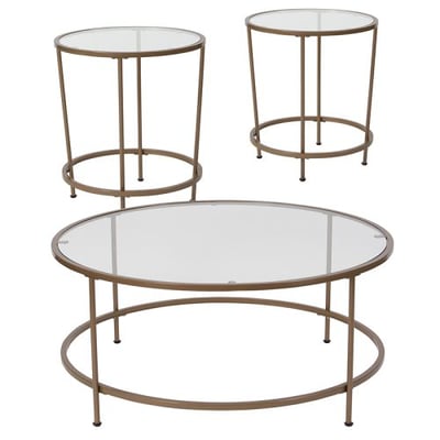 Astoria Collection 3 Piece Coffee and End Table Set with Glass Tops and Matte Gold Frames