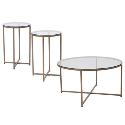 Greenwich Collection 3 Piece Coffee and End Table Set with Glass Tops and Matte Gold Frames