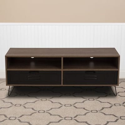 Woodridge Collection Rustic Wood Grain Finish TV Stand with Metal Drawers and Black Metal Legs