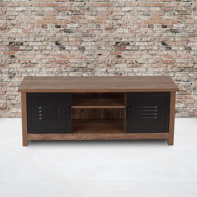 New Lancaster Collection Crosscut Oak Wood Grain Finish Storage Bench with Metal Cabinet Doors