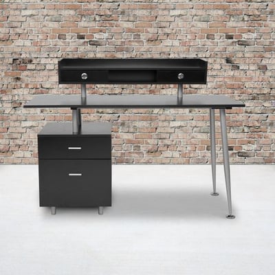 Piedmont Home and Office Desk with 2 Drawers and Top Storage Shelf in Dark Ash Finish