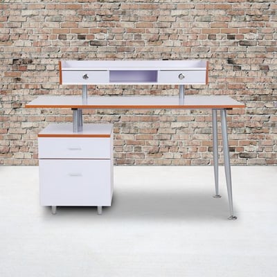 Piedmont Home and Office Desk with 2 Drawers and Top Storage Shelf in White Finish