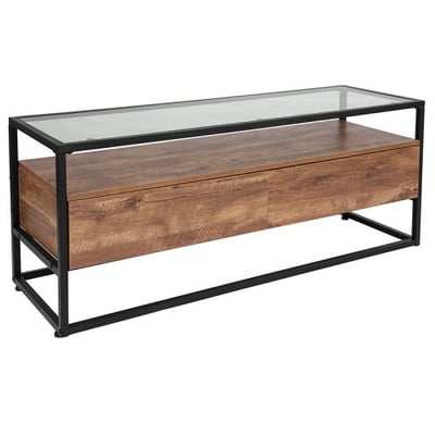 Cumberland Collection Glass Coffee Table with Two Drawers and Shelf in Rustic Wood Grain Finish