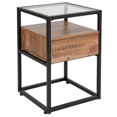 Cumberland Collection Glass End Table with Drawer and Shelf in Rustic Wood Grain Finish