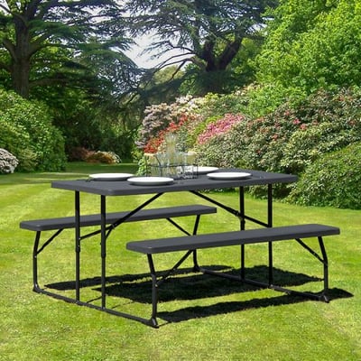 Insta-Fold Charcoal Wood Grain Folding Picnic Table and Benches