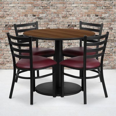 36'' Round Walnut Laminate Table Set with Round Base and 4 Ladder Back Metal Chairs - Burgundy Vinyl Seat