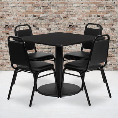 36'' Square Black Laminate Table Set with Round Base and 4 Black Trapezoidal Back Banquet Chairs