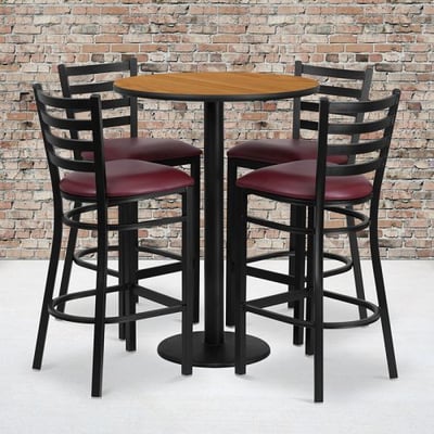 30'' Round Natural Laminate Table Set with Round Base and 4 Ladder Back Metal Barstools - Burgundy Vinyl Seat