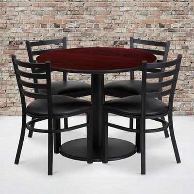 36'' Round Mahogany Laminate Table Set with Round Base and 4 Ladder Back Metal Chairs - Black Vinyl Seat
