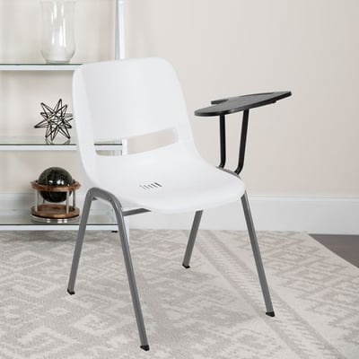 White Ergonomic Shell Chair with Left Handed Flip-Up Tablet Arm