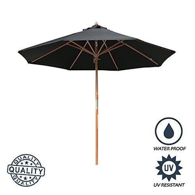9 Ft Patio Wood Umbrella Black, Wooden Pole Outdoor Beach Cafe Garden Sun Shade