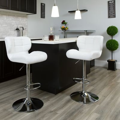Contemporary Tufted White Vinyl Adjustable Height Barstool with Chrome Base