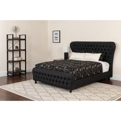 Cartelana Tufted Upholstered Full Size Platform Bed with Gold Accent Nail Trim in Black Fabric