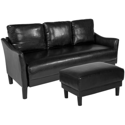 Asti Upholstered Sofa and Ottoman in Black LeatherSoft