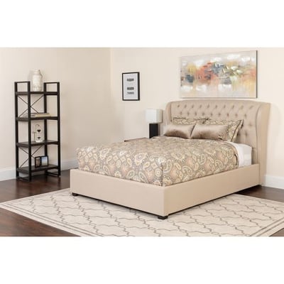Barletta Tufted Upholstered Full Size Platform Bed in Beige Fabric with Pocket Spring Mattress