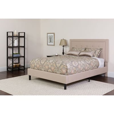 Roxbury Full Size Tufted Upholstered Platform Bed in Beige Fabric with Pocket Spring Mattress
