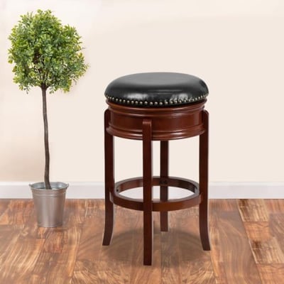 29'' Backless Cherry Wood Barstool with Black Leather Swivel Seat