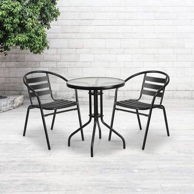 Glass Metal Table with 2 Black Metal Aluminum Slat Stack Chairs 23.75'' Round 