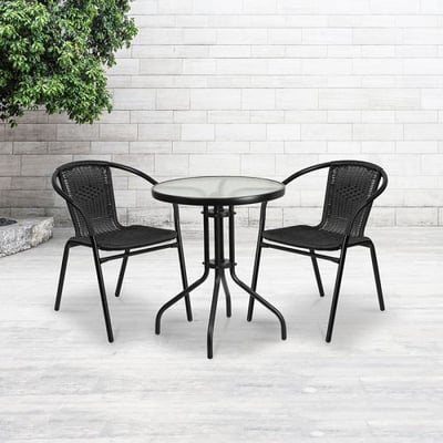 Glass Metal Table with 2 Black Rattan Stack Chairs 23.75'' Round 