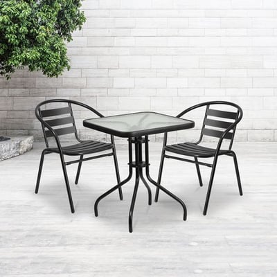 Glass Metal Table with 2 Black Metal Aluminum Slat Stack Chairs 23.5'' Square 