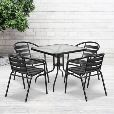 Zozulu 31.5'' Square Glass Metal Table with 4 Black Metal Aluminum Slat Stack Chairs