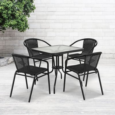 28'' Square Glass Metal Table with Black Rattan Edging and 4 Black Rattan Stack Chairs