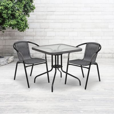 Glass Metal Table with Gray Rattan Edging and 2 Gray Rattan Stack Chairs 28'' Square 