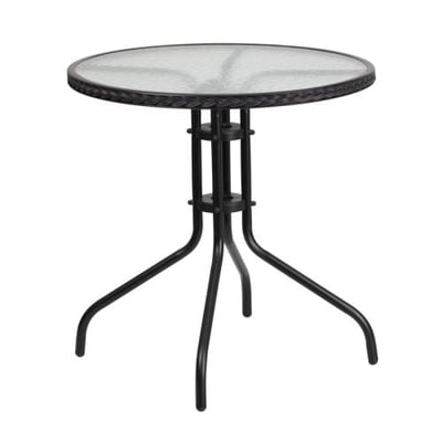 28'' Round Tempered Glass Metal Table with Black Rattan Edging