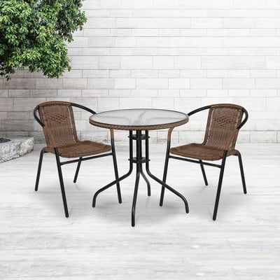 Zozulu 28'' Round Glass Metal Table with Dark Brown Rattan Edging and 2 Dark Brown Rattan Stack Chairs