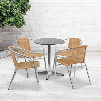 23.5'' Round Aluminum Indoor-Outdoor Table Set with 4 Beige Rattan Chairs