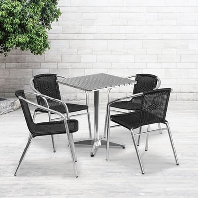 23.5'' Square Aluminum Indoor-Outdoor Table Set with 4 Black Rattan Chairs
