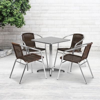23.5'' Square Aluminum Indoor-Outdoor Table Set with 4 Dark Brown Rattan Chairs