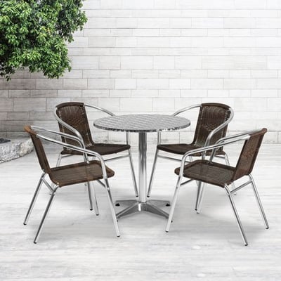 27.5'' Round Aluminum Indoor-Outdoor Table Set with 4 Dark Brown Rattan Chairs