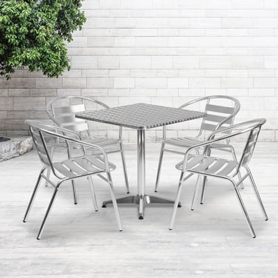 27.5'' Square Aluminum Indoor-Outdoor Table Set with 4 Slat Back Chairs