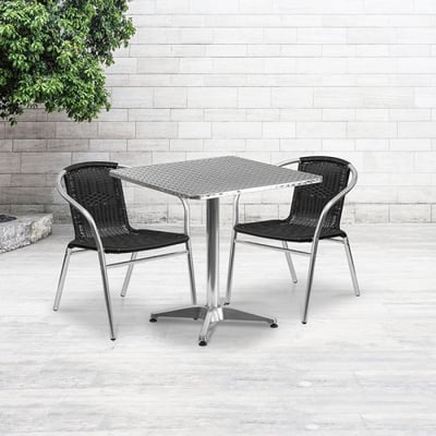 27.5'' Square Aluminum Indoor-Outdoor Table Set with 2 Black Rattan Chairs