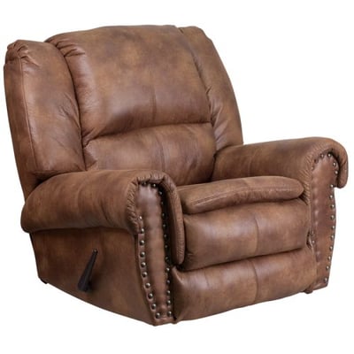 Contemporary Breathable Comfort Padre Almond Fabric Rocker Recliner with Brass Accent Nail Trim