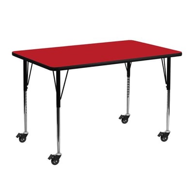 Mobile 24''W x 48''L Rectangular Red HP Laminate Activity Table - Standard Height Adjustable Legs