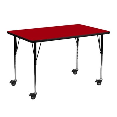 Mobile 24''W x 48''L Rectangular Red Thermal Laminate Activity Table - Standard Height Adjustable Legs