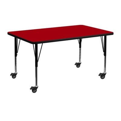 Mobile 24''W x 48''L Rectangular Red Thermal Laminate Activity Table - Height Adjustable Short Legs