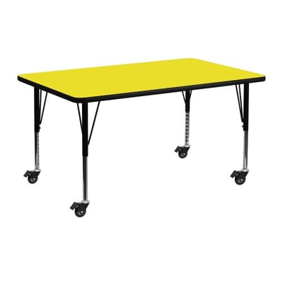 Mobile 24''W x 48''L Rectangular Yellow HP Laminate Activity Table - Height Adjustable Short Legs
