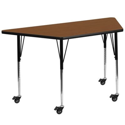 Mobile 25''W x 45''L Trapezoid Oak HP Laminate Activity Table - Standard Height Adjustable Legs