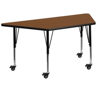 Mobile 25''W x 45''L Trapezoid Oak HP Laminate Activity Table - Height Adjustable Short Legs