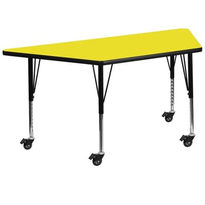 Mobile 25''W x 45''L Trapezoid Yellow HP Laminate Activity Table - Height Adjustable Short Legs