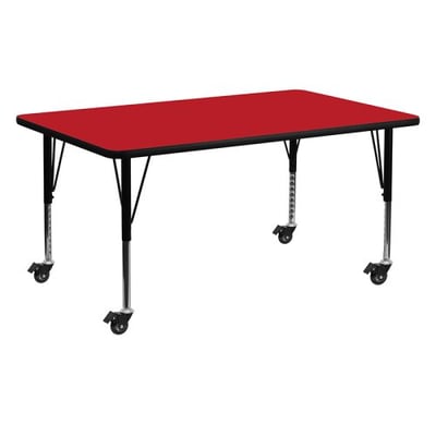 Mobile 24''W x 60''L Rectangular Red HP Laminate Activity Table - Height Adjustable Short Legs